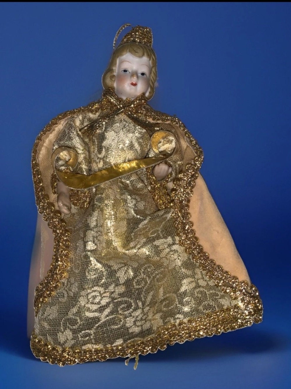 1980s Vintage Gold Angel Christmas Tree Ornament Porcelain Head
